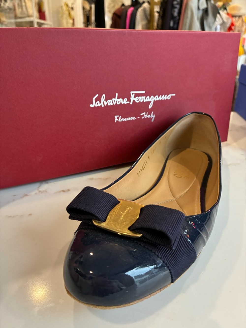 Salvatore Ferragamo Navy Patent Varina Bow Ballet Flat - Picture 3 of 6